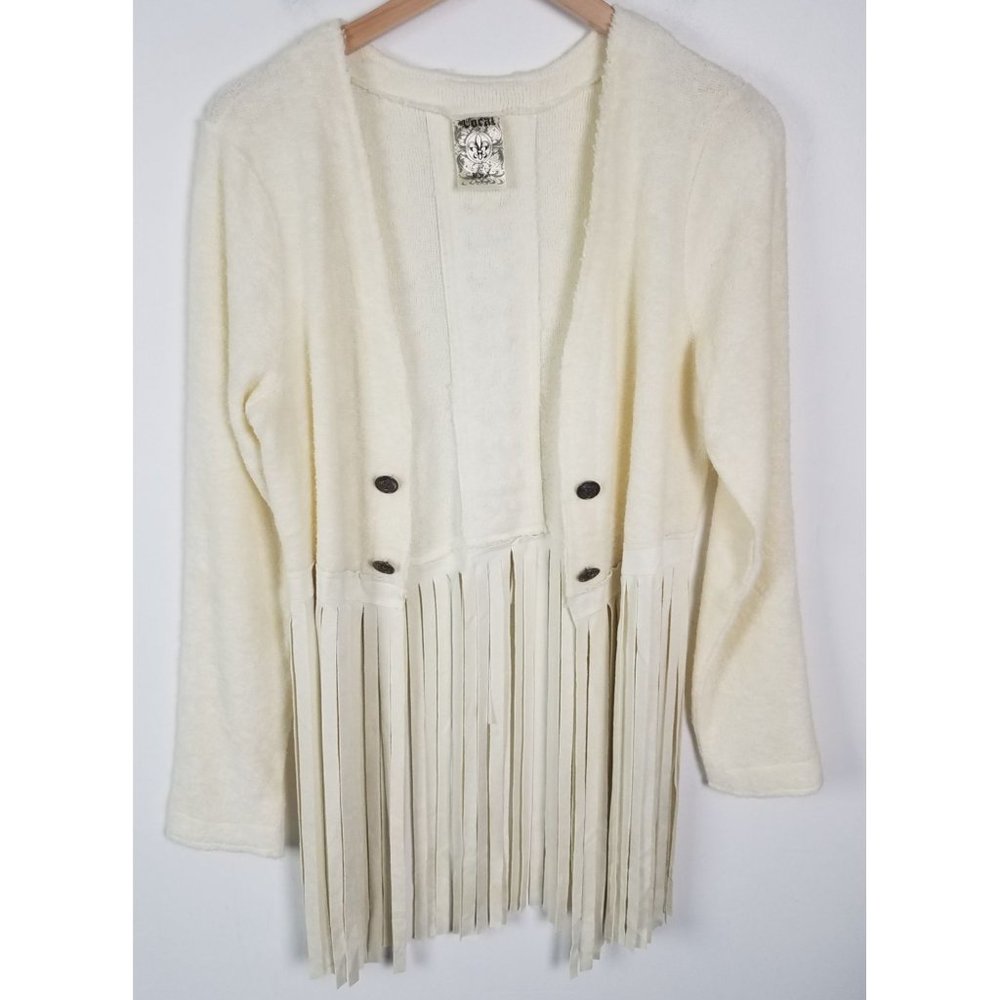 Vocal USA Women's Sz. M Ivory Fringe Long Sleeve Cardigan W/ Lace Up Back